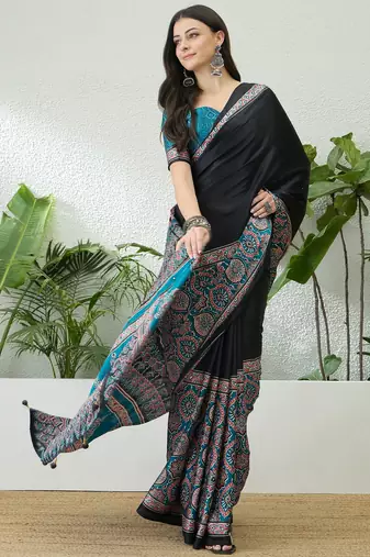 Teal green ready to wear saree with unstitched blouse for women
