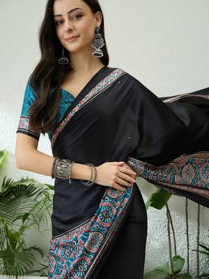 Teal green ready to wear saree with unstitched blouse for women 3