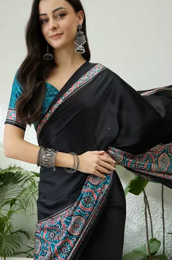 Teal green ready to wear saree with unstitched blouse for women
