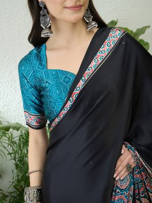 Teal green ready to wear saree with unstitched blouse for women 4