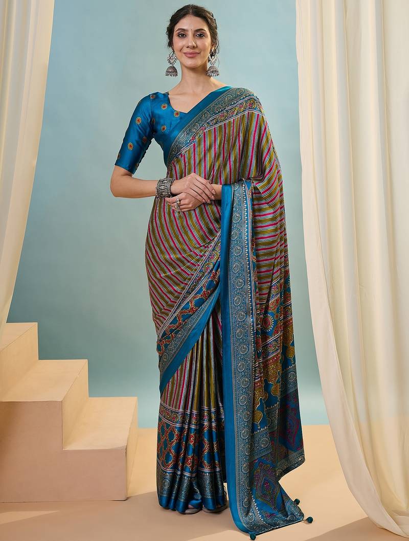 Rama green modern ethnic ready pleated saree with blouse