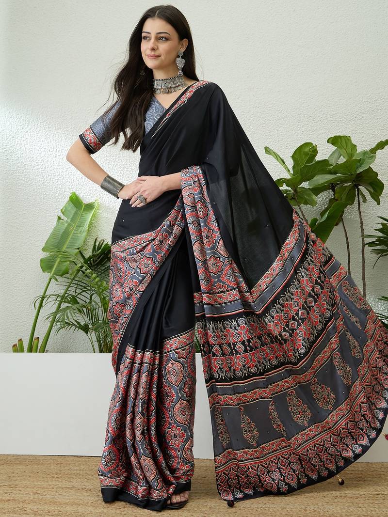 Grey ready pleated saree with designer unstitched blouse