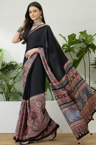 Grey ready pleated saree with designer unstitched blouse