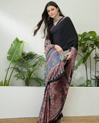 Grey ready pleated saree with designer unstitched blouse 3