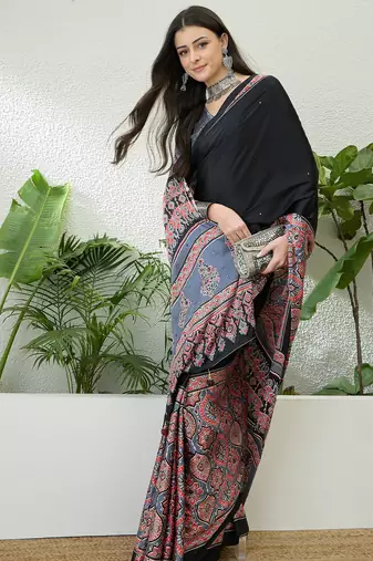 Grey ready pleated saree with designer unstitched blouse
