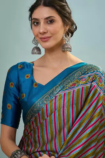 Rama green modern ethnic ready pleated saree with blouse