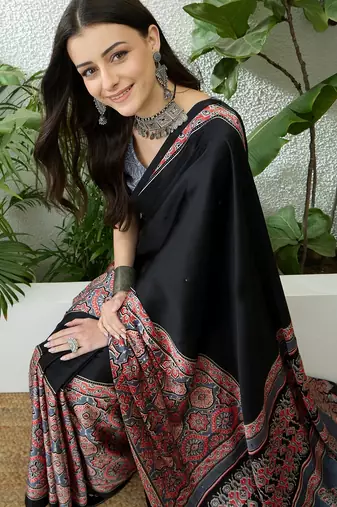 Grey ready pleated saree with designer unstitched blouse