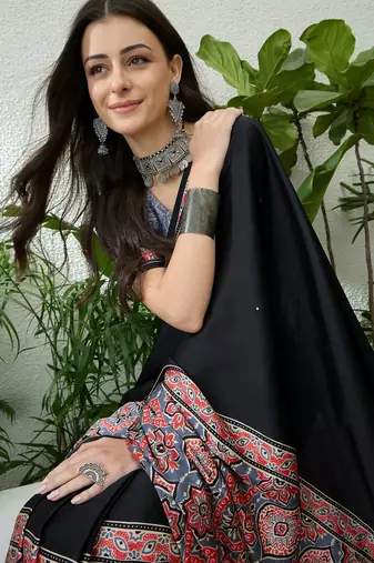 Grey ready pleated saree with designer unstitched blouse
