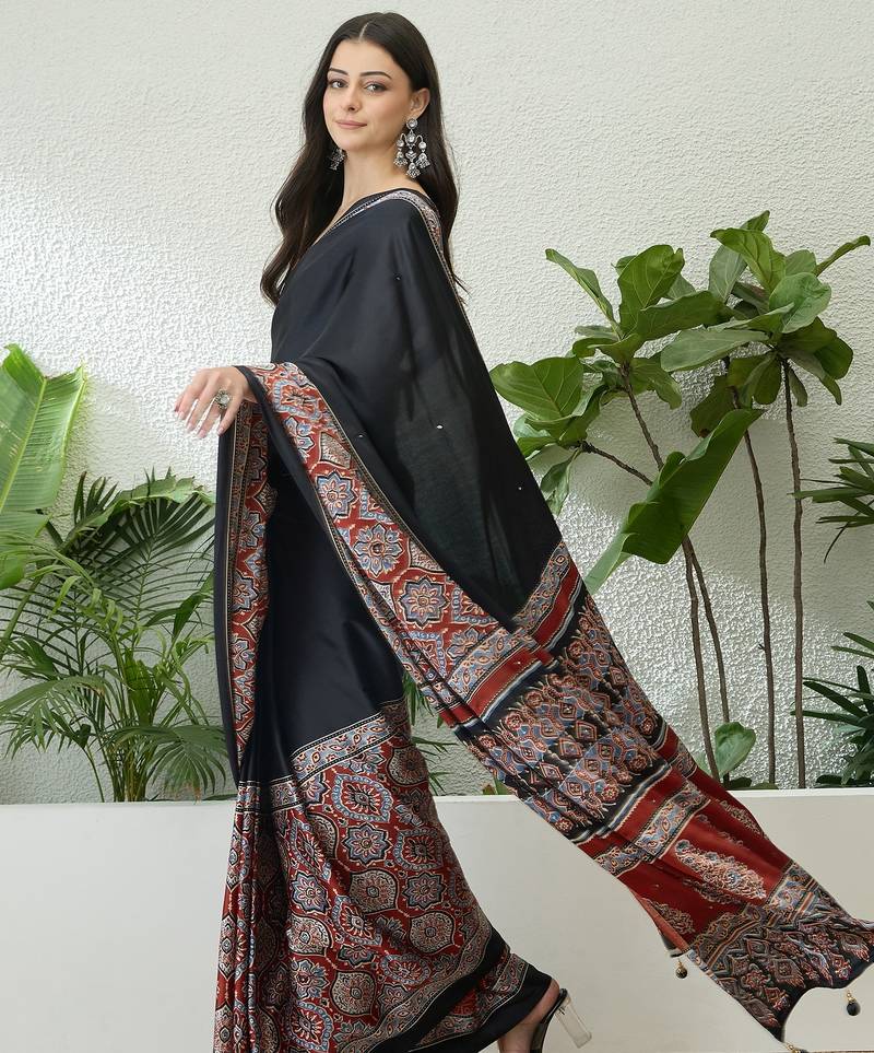 Red party wear ready to wear saree with blouse fabric