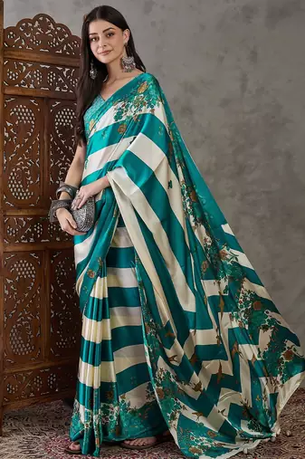 Rama green festive ready to wear saree with designer blouse fabric