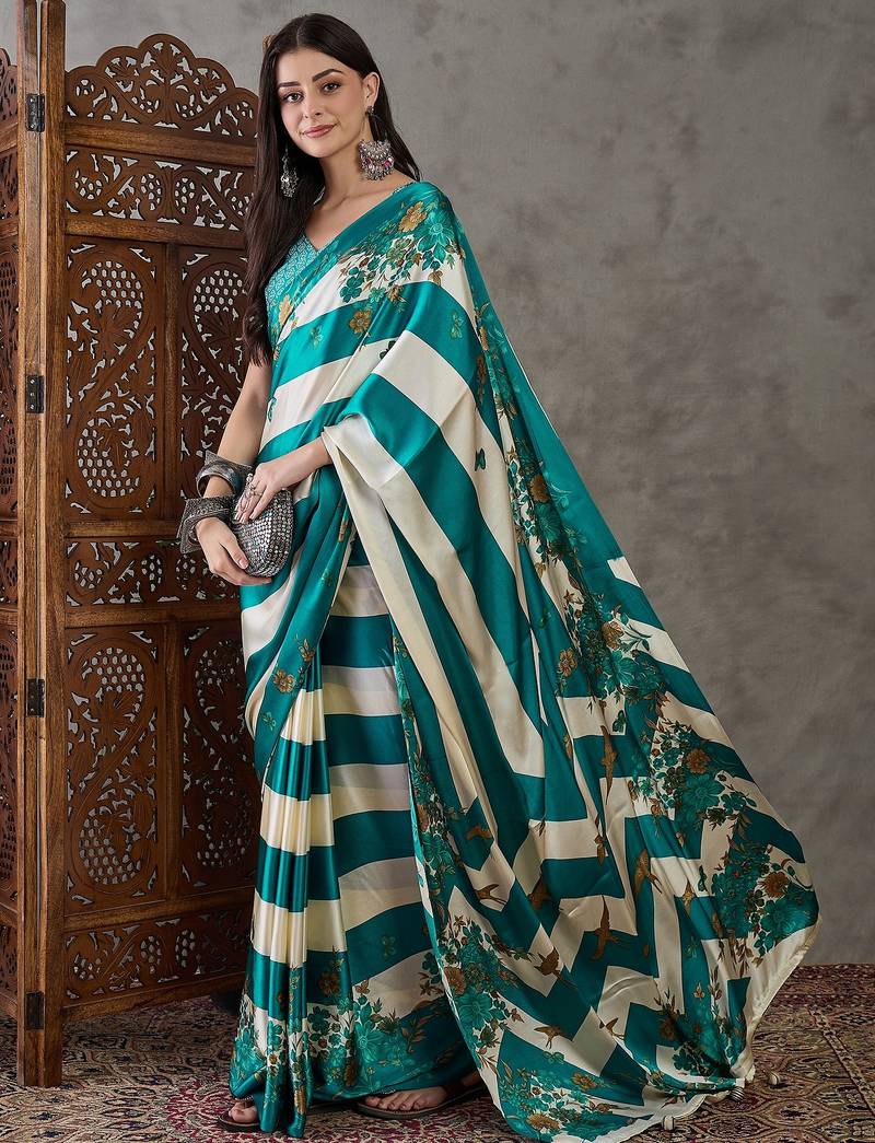 Rama green festive ready to wear saree with designer blouse fabric