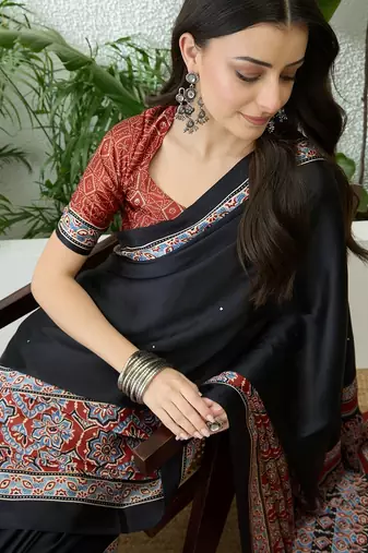Red party wear ready to wear saree with blouse fabric