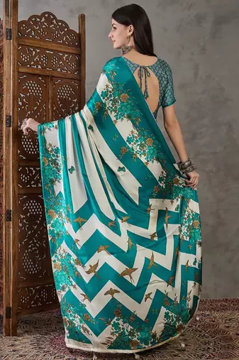 Rama green festive ready to wear saree with designer blouse fabric
