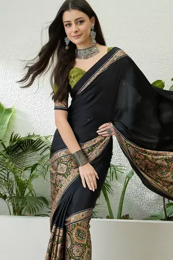 Mehndi green pre stitched saree with unstitched blouse piece