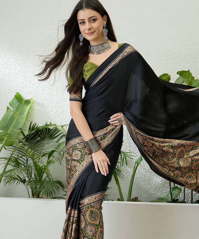 Mehndi green pre stitched saree with unstitched blouse piece
