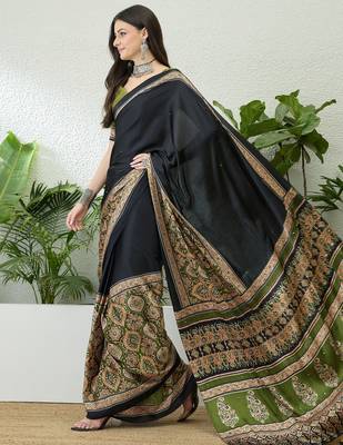 Mehndi green pre stitched saree with unstitched blouse piece 2