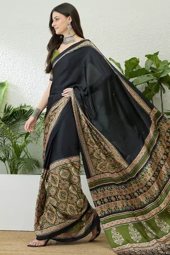 Mehndi green pre stitched saree with unstitched blouse piece