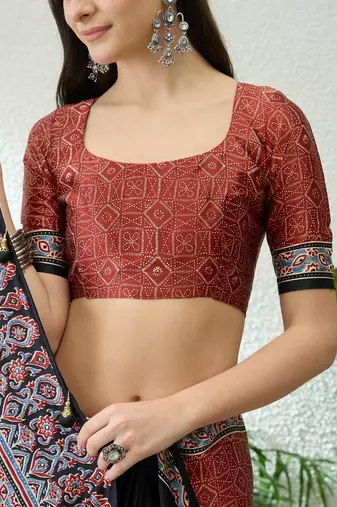 Red party wear ready to wear saree with blouse fabric