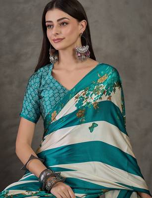 Rama green festive ready to wear saree with designer blouse fabric 4