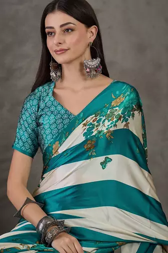 Rama green festive ready to wear saree with designer blouse fabric