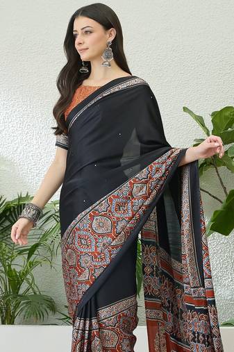 Rust orange instant wear saree with unstitched blouse material