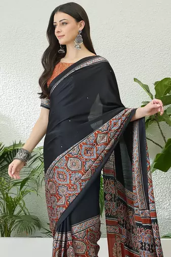 Rust orange instant wear saree with unstitched blouse material