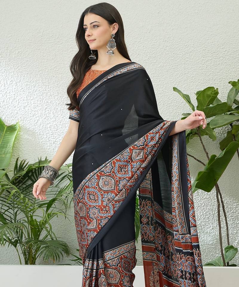 Rust orange instant wear saree with unstitched blouse material