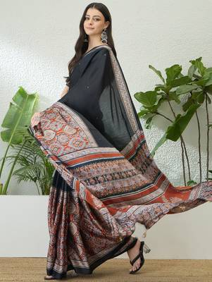 Rust orange instant wear saree with unstitched blouse material 2