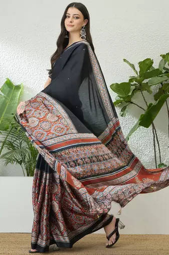 Rust orange instant wear saree with unstitched blouse material