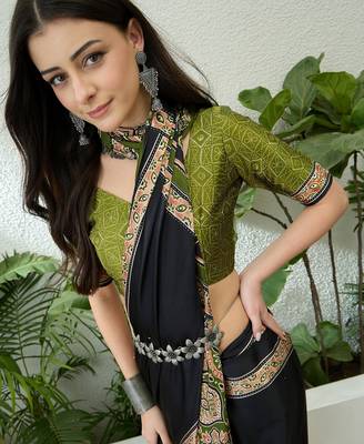 Mehndi green pre stitched saree with unstitched blouse piece 4