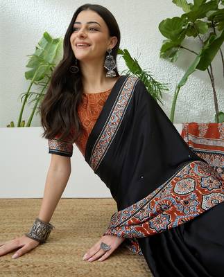 Rust orange instant wear saree with unstitched blouse material 3
