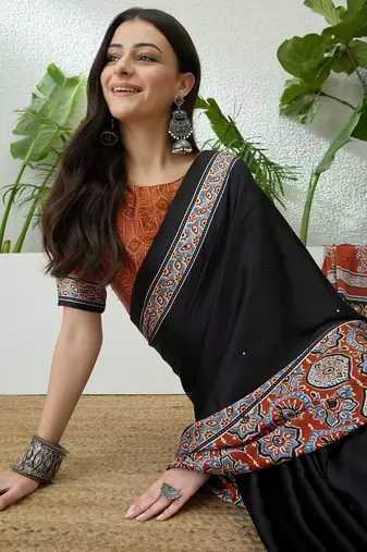Rust orange instant wear saree with unstitched blouse material