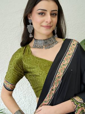 Mehndi green pre stitched saree with unstitched blouse piece 5
