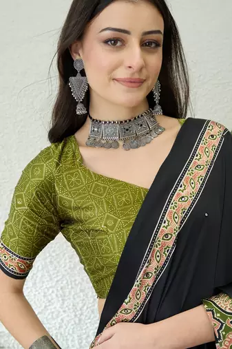 Mehndi green pre stitched saree with unstitched blouse piece