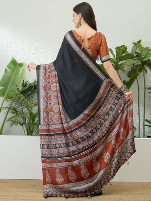 Rust orange instant wear saree with unstitched blouse material 5