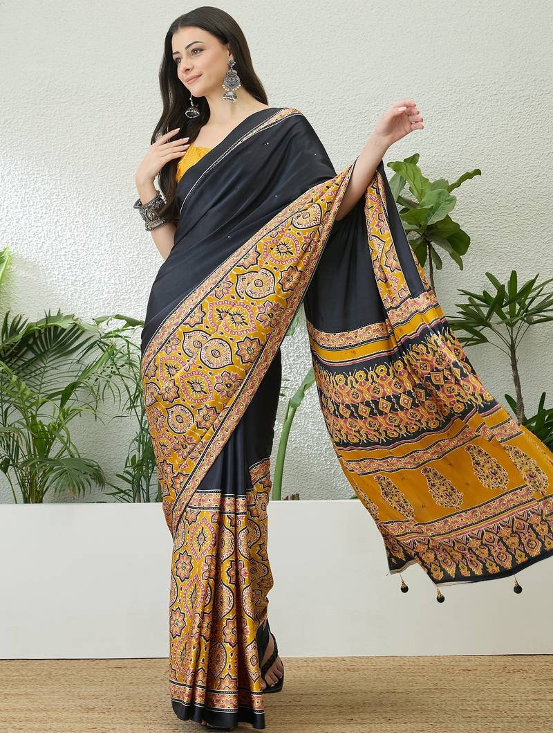 Yellow ready to drape saree with unstitched blouse for women