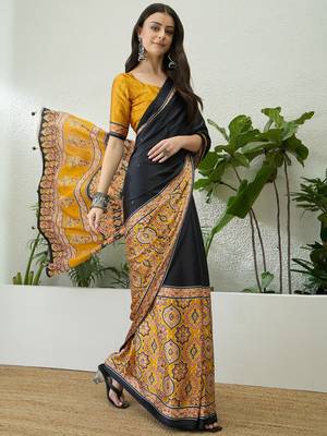 Yellow ready to drape saree with unstitched blouse for women 3