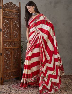 Red elegant ready made saree with matching blouse piece 1