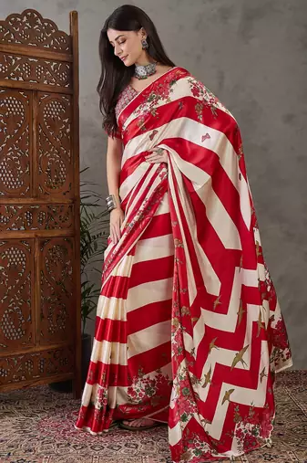 Red elegant ready made saree with matching blouse piece
