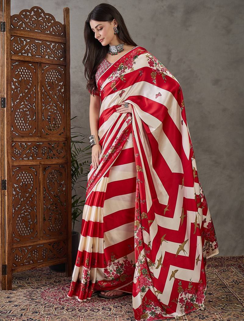 Red elegant ready made saree with matching blouse piece
