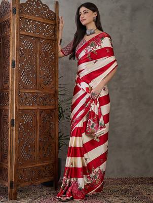 Red elegant ready made saree with matching blouse piece 2