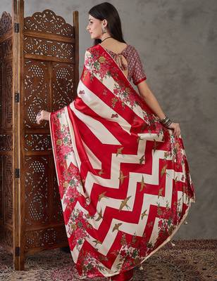 Red elegant ready made saree with matching blouse piece 3