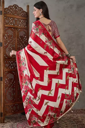 Red elegant ready made saree with matching blouse piece