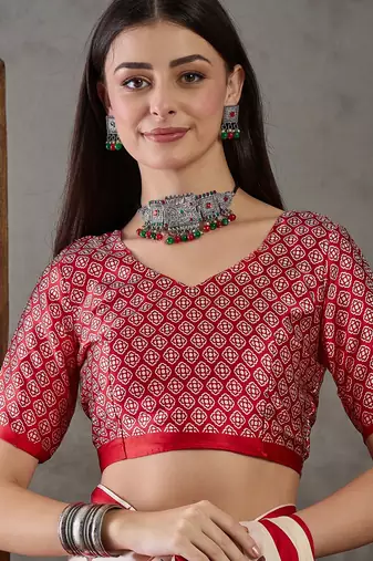 Red elegant ready made saree with matching blouse piece