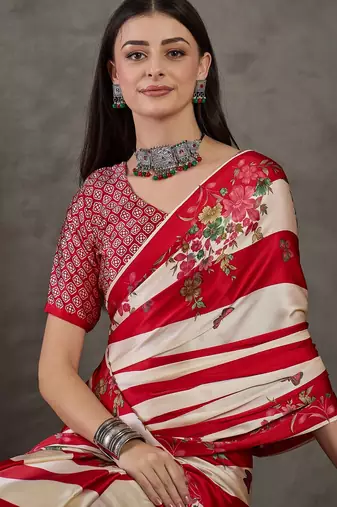 Red elegant ready made saree with matching blouse piece