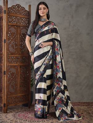 Black ready to wear silk saree with unstitched blouse 1