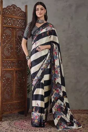 Black ready to wear silk saree with unstitched blouse