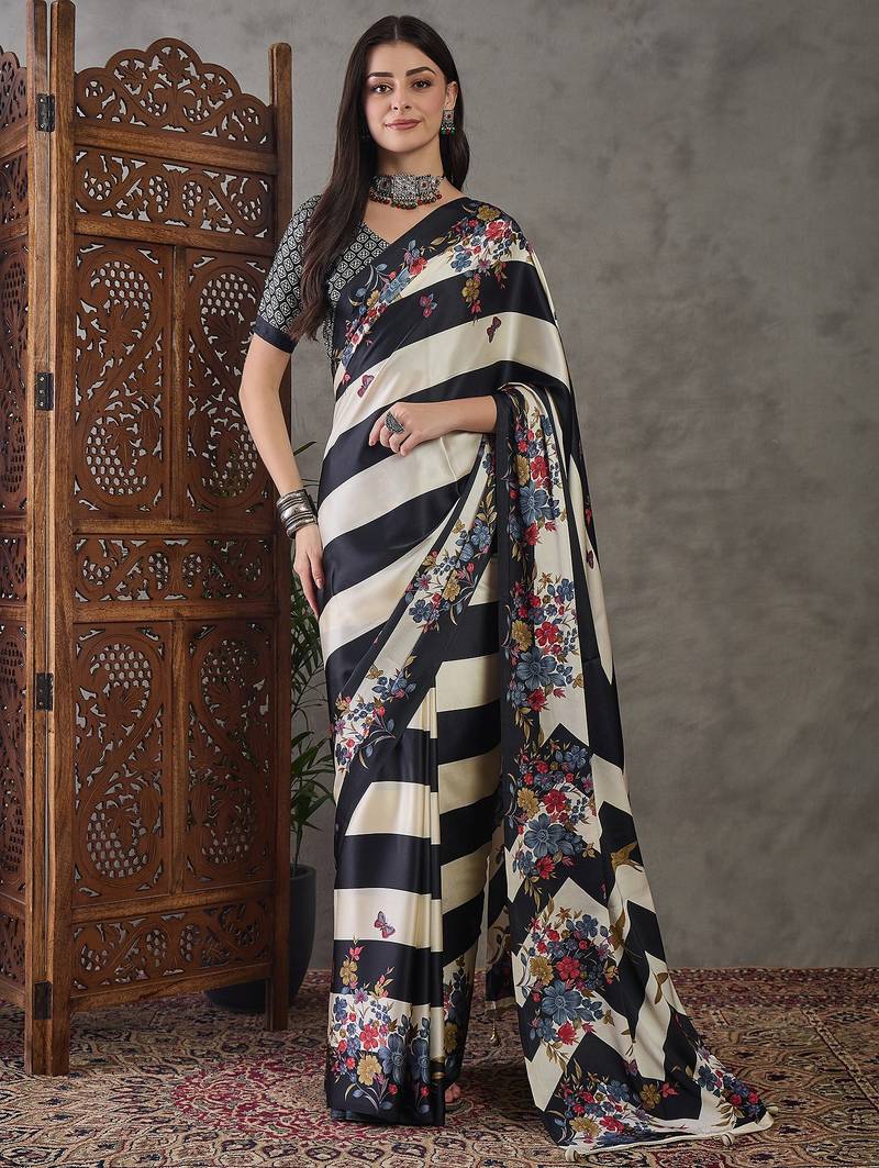 Black ready to wear silk saree with unstitched blouse