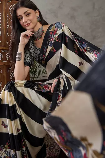 Black ready to wear silk saree with unstitched blouse