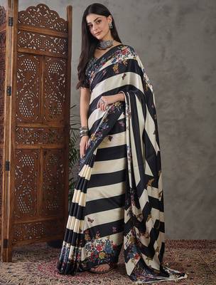 Black ready to wear silk saree with unstitched blouse 4